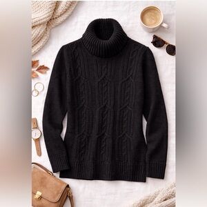 St Johns Bay Sweater M Black Cable Knit Turtleneck Puff Shoulder Staple Piece